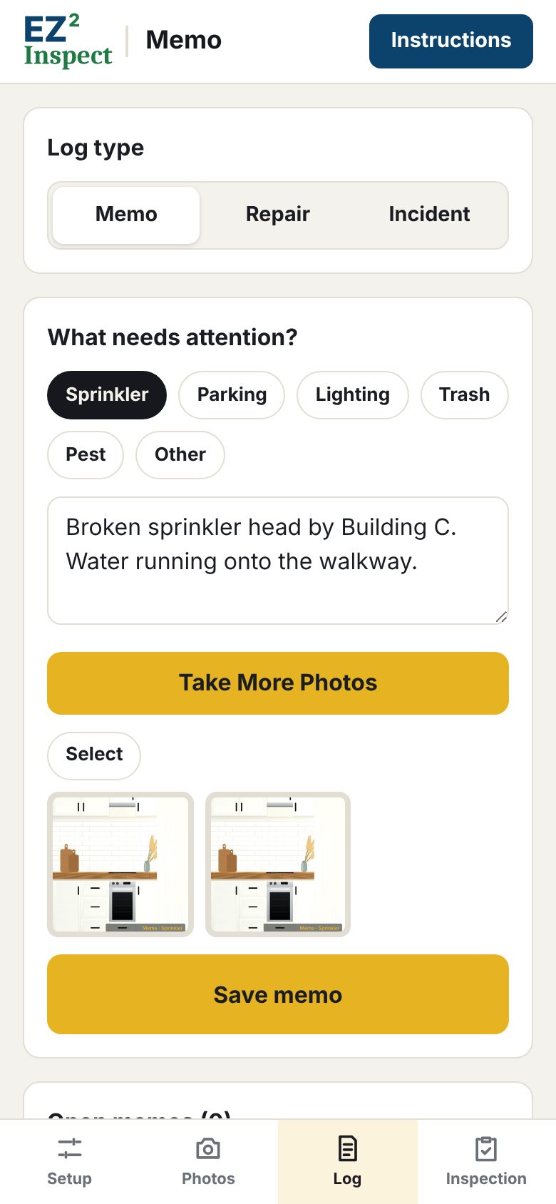 Memo screen: Sprinkler category chosen, a note about a broken sprinkler head, two stamped photos and a Save memo button