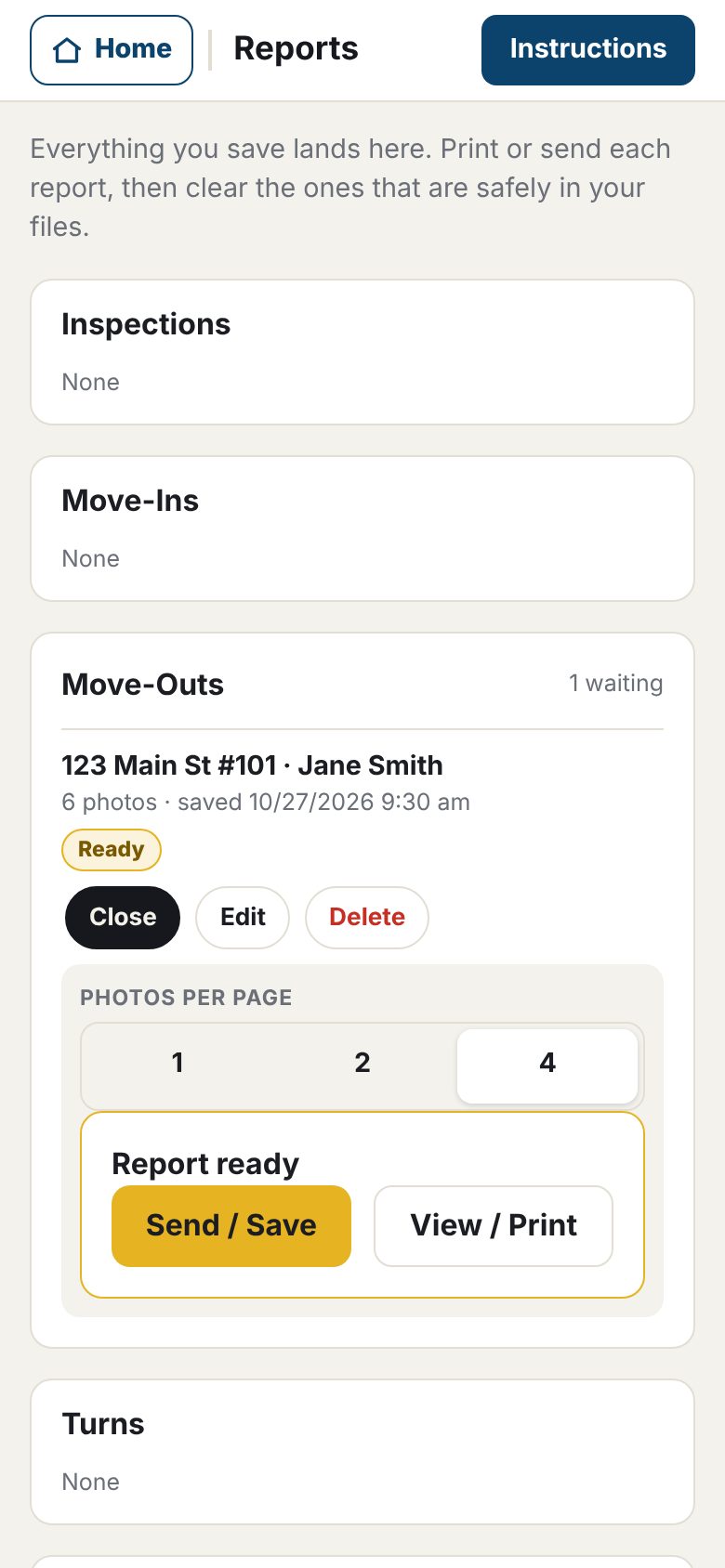 Reports screen: a Move Out report marked Ready, with photos-per-page choice and Send / Save and View / Print buttons